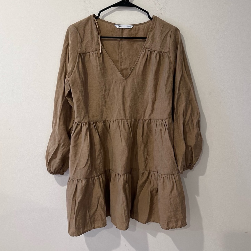 Zara Womens brown/tan long sleeve tiered v neck mini dress size XS